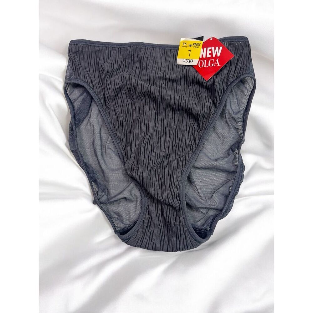 Vtg  Hi-Cut Olga Bikini Panties Shiny Nylon Stretch Sheer Gray Large Smooth